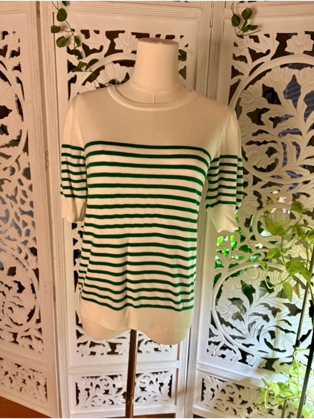 Skies Are Blue White & Green Striped Short-Sleeve Knit Top